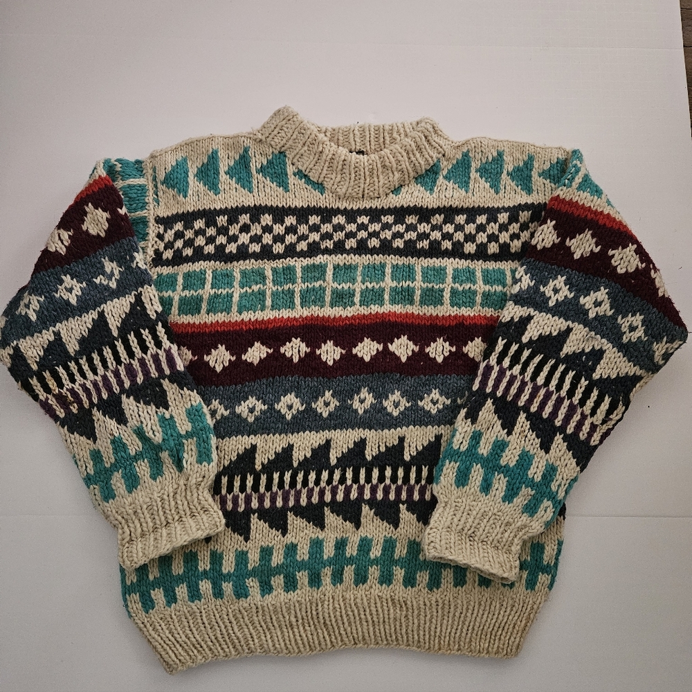 Vintage Handknit Ice-Ame Wool 90’s Fisherman Ecuador Large Cream Blue Purple